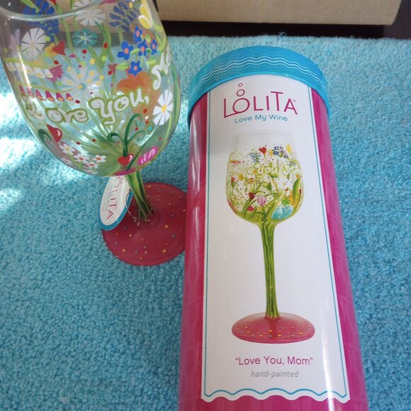 NIB Hand Painted "Love You Mom" Wine Glass by Lolita - Picture 1 of 2